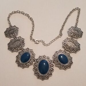 #1004.  Silver Toned, Blue Acrylic Cabochon Statement Necklace